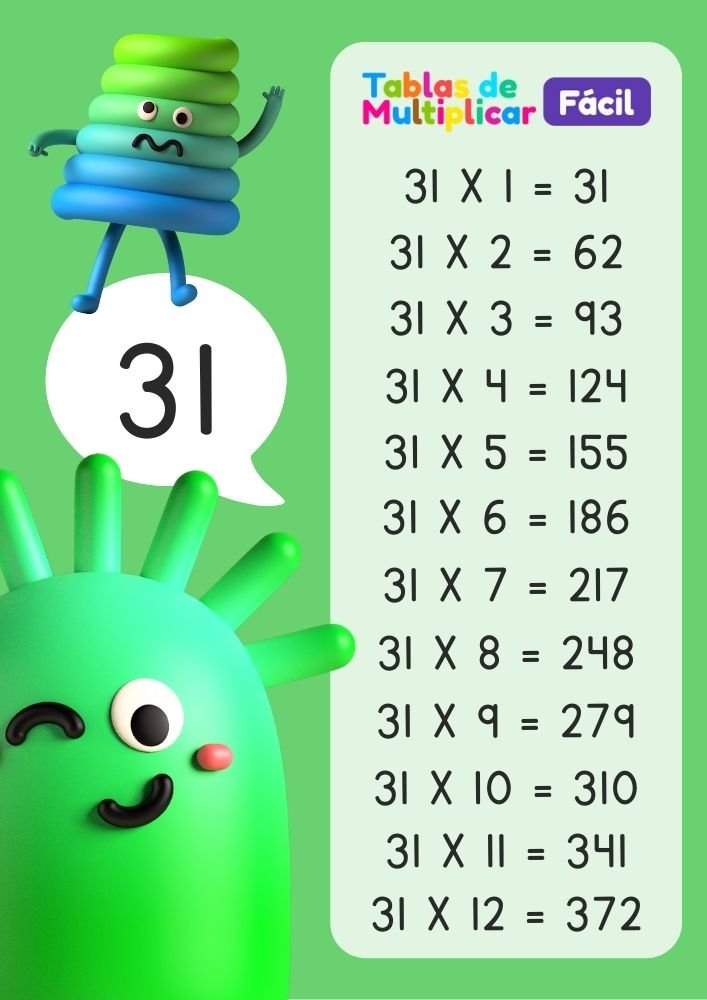 Tabla del 31 para niños, descargar PDF para imprimir